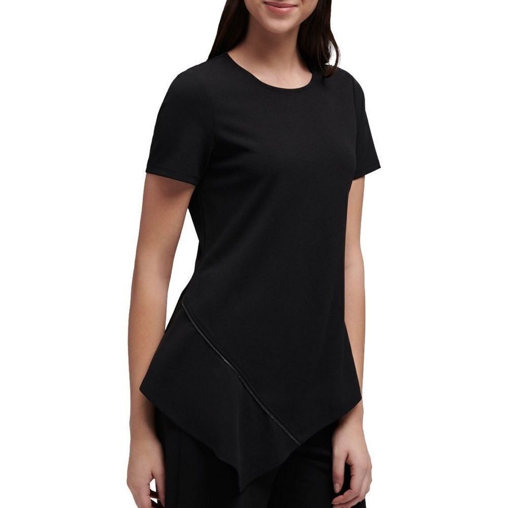 DKNY Black Zipper Trim Asymmetric Blouse Top